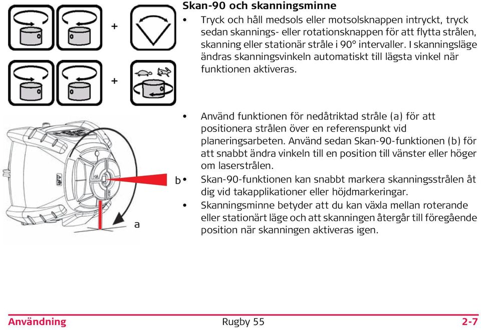 a Använd funktionen för nedåtriktad stråle (a) för att positionera strålen över en referenspunkt vid planeringsarbeten.