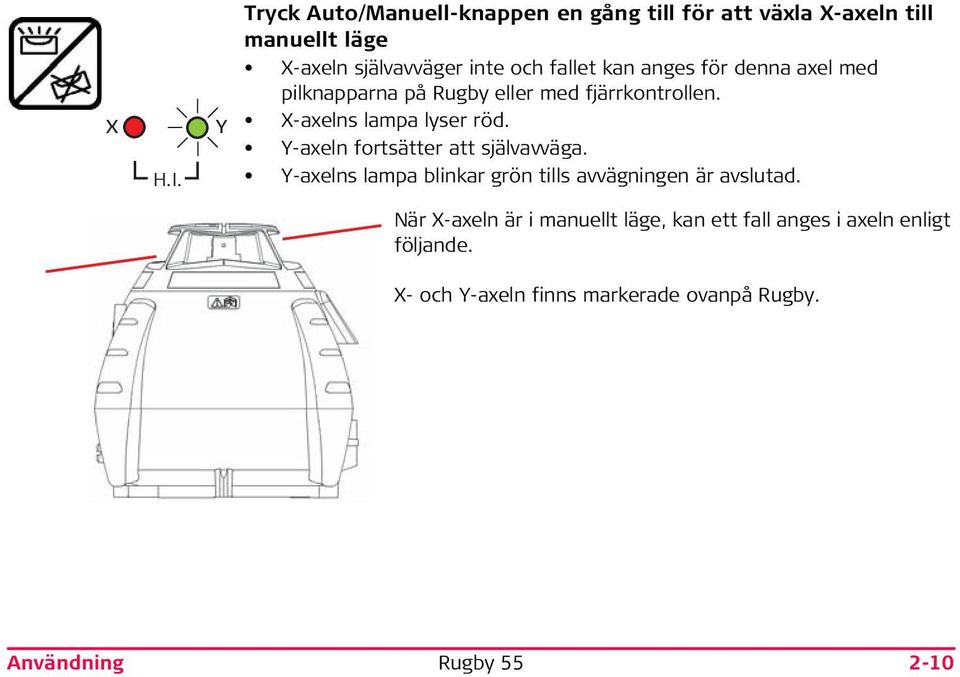 fallet kan anges för denna axel med pilknapparna på Rugby eller med fjärrkontrollen. X-axelns lampa lyser röd.