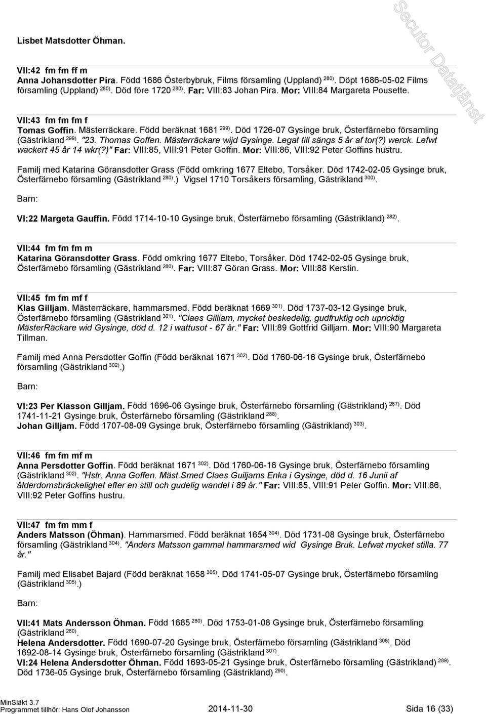 "23. Thomas Goffen. Mästerräckare wijd Gysinge. Legat till sängs 5 år af tor(?) werck. Lefwt wackert 45 år 14 wkr(?)" Far: VIII:85, VIII:91 Peter Goffin. Mor: VIII:86, VIII:92 Peter Goffins hustru.