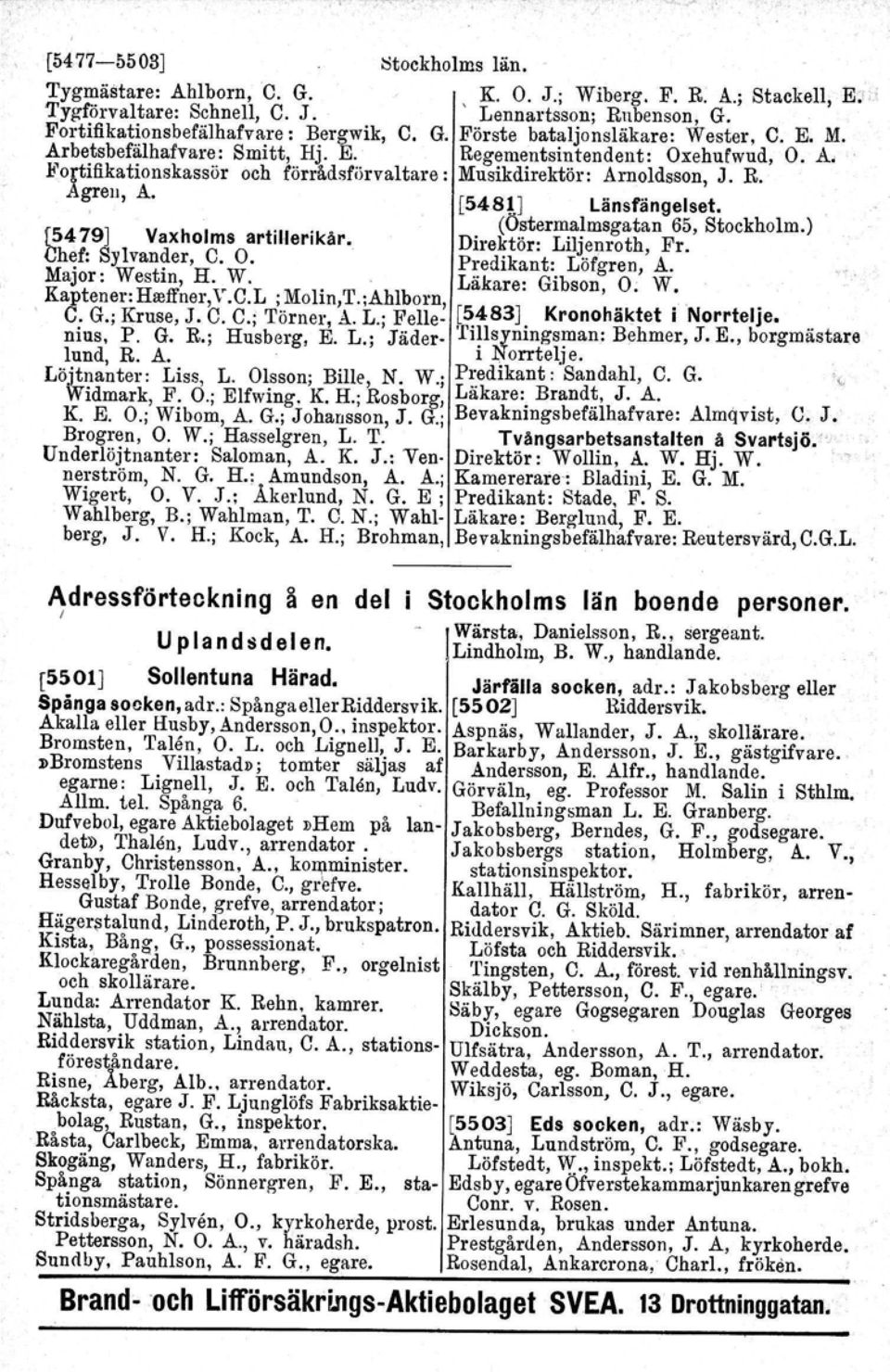 .. (Ostermalmsgatan 65, Stockholm.) f5479j Vaxholms artillerikår. Direktör: Liljenroth, Fr. Ch~f: Sylvan~er, C. O. Predikant: Löfgren, A. Major: Westin, H.,W,. Läkare: Gibson, O. W. Kaptener: Hseffner.