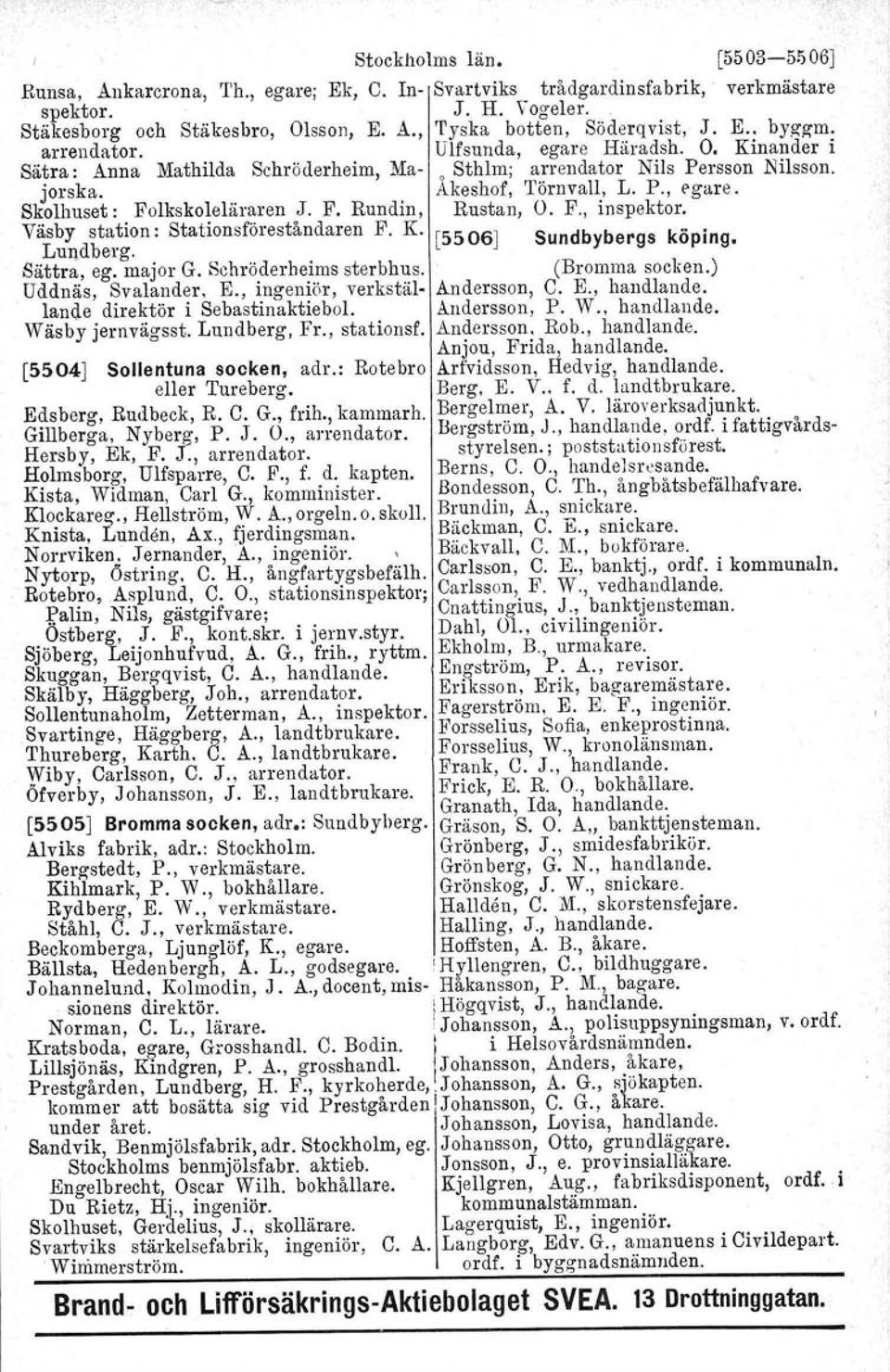 , ingeniör, verkstållande direktör i Sebastinaktiebol. Wäsby jernvägsst. Lundberg, Fr., stationsf. Stockholms län. [5503-5506] Ek, C. In- Svart viks trådgardinsfabrik.. verkmästare J. H.