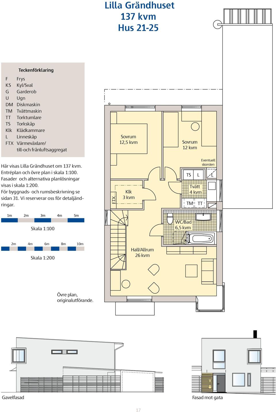Fasader och alternativa planlösningar visas i skala 1:200. För byggnads- och rumsbeskrivning se sidan 31. Vi reserverar oss för detaljändringar.