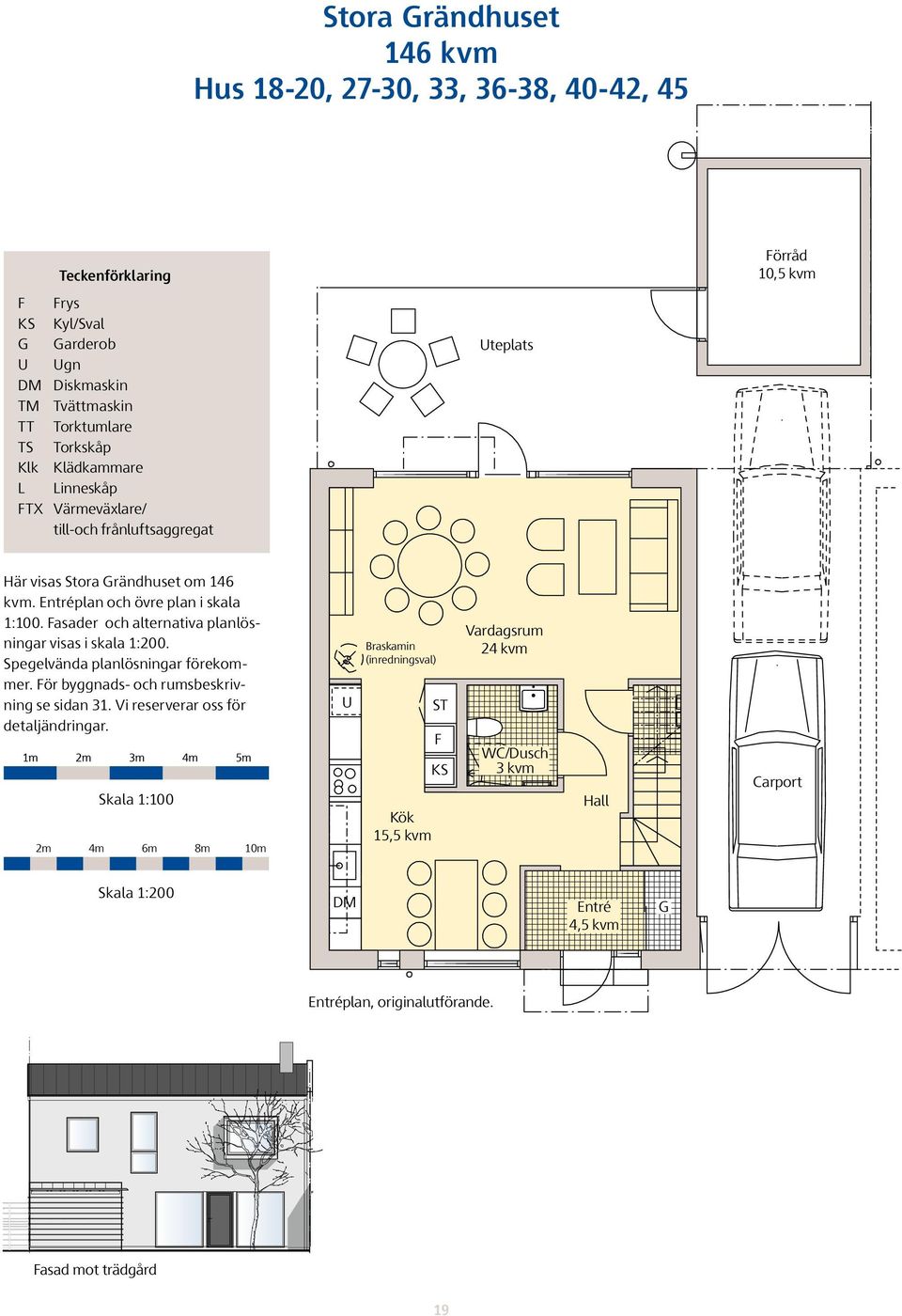 Fasader och alternativa planlösningar visas i skala 1:200. Spegelvända planlösningar förekommer. För byggnads- och rumsbeskrivning se sidan 31. Vi reserverar oss för detaljändringar.