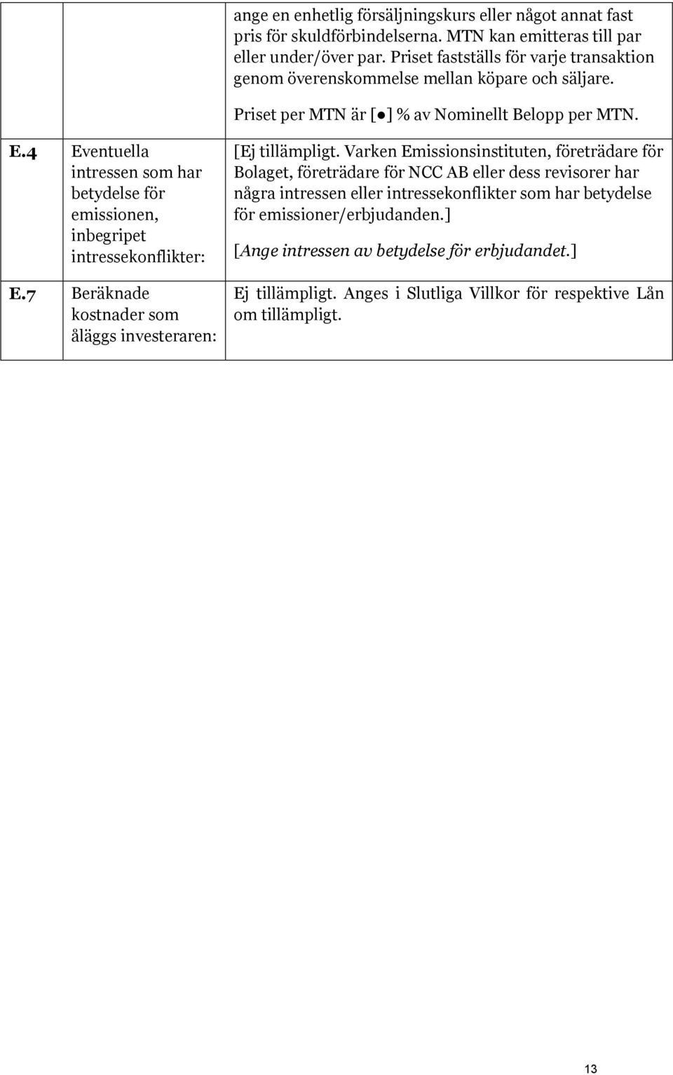 4 Eventuella intressen som har betydelse för emissionen, inbegripet intressekonflikter: E.7 Beräknade kostnader som åläggs investeraren: [Ej tillämpligt.