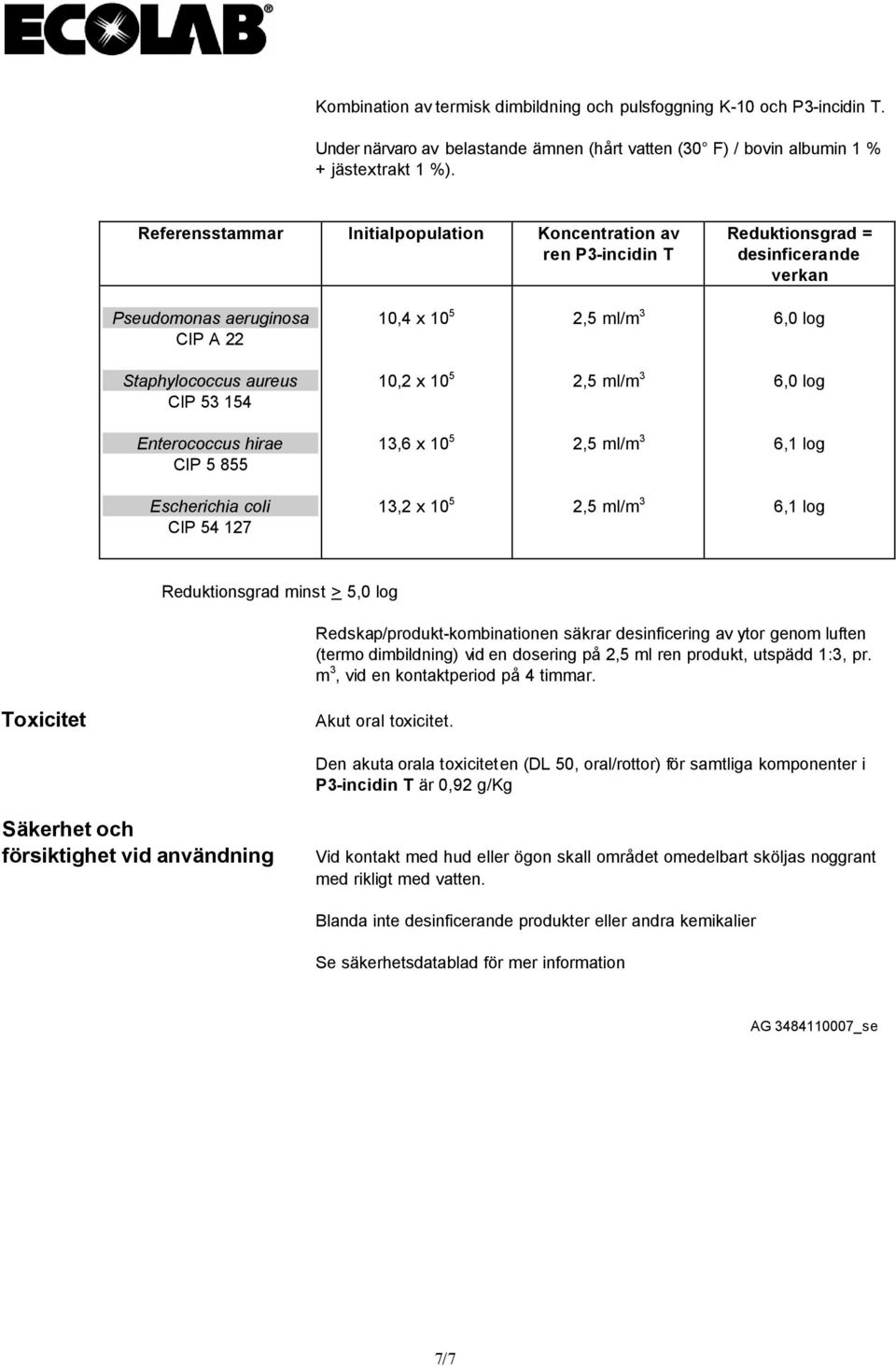 log Escherichia coli CIP 54 7 3, x 5 6, log Reduktionsgrad minst > 5, log Redskap/produkt-kombinationen säkrar desinficering av ytor genom luften (termo dimbildning) vid en dosering på,5 ml ren