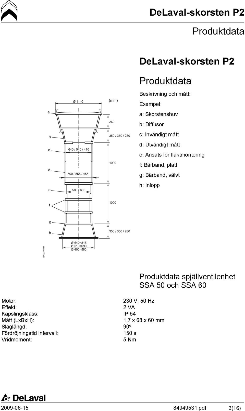 Inlopp Produktdata spjällventilenhet SSA 50 och SSA 60 Motor: 230 V, 50 Hz Effekt: 2 VA Kapslingsklass: