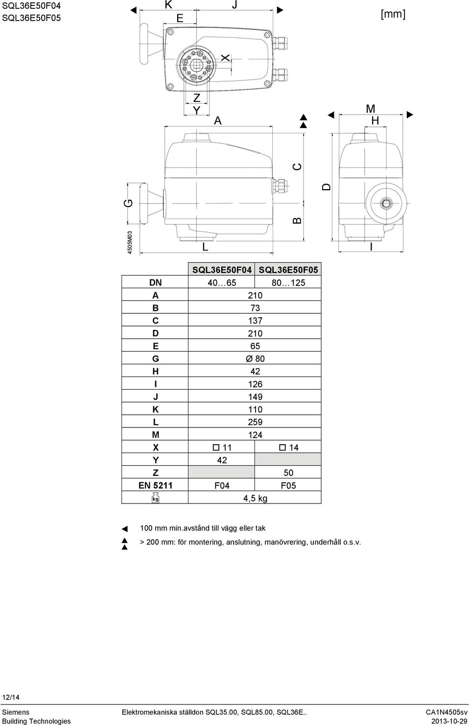 110 L 259 M 124 X 11 14 Y 42 Z 50 EN 5211 F04 F05 kg 4,5 kg 100 mm min.