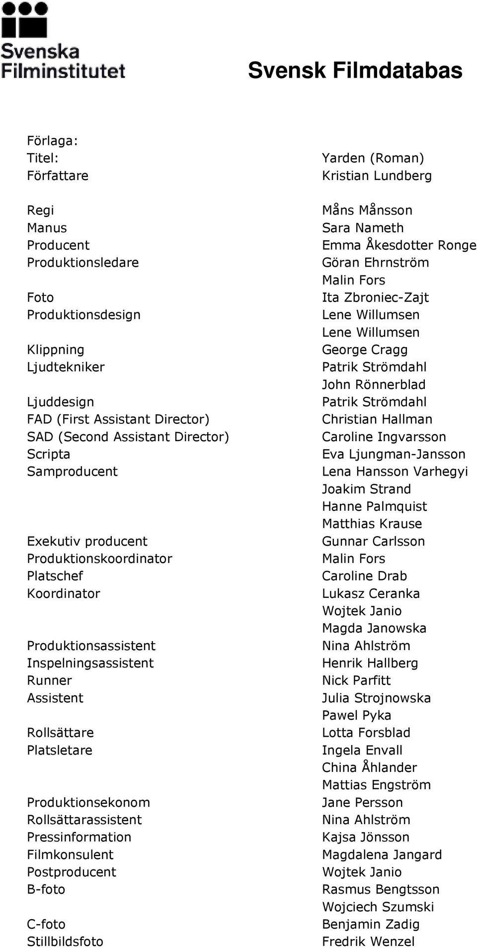 Pressinformation Filmkonsulent Postproducent B-foto C-foto Stillbildsfoto Yarden (Roman) Kristian Lundberg Måns Månsson Sara Nameth Emma Åkesdotter Ronge Göran Ehrnström Malin Fors Ita Zbroniec-Zajt