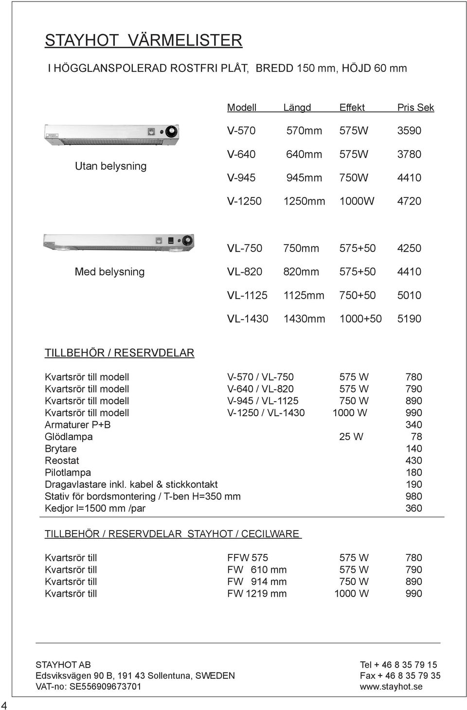 Kvartsrör till modell V-640 / VL-820 575 W 790 Kvartsrör till modell V-945 / VL-1125 750 W 890 Kvartsrör till modell V-1250 / VL-1430 1000 W 990 Armaturer P+B 340 Glödlampa 25 W 78 Brytare 140