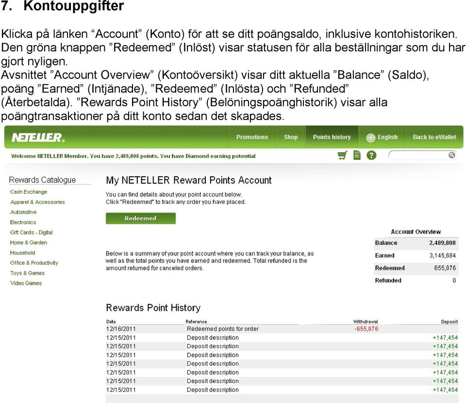 Avsnittet Account Overview (Kontoöversikt) visar ditt aktuella Balance (Saldo), poäng Earned (Intjänade), Redeemed