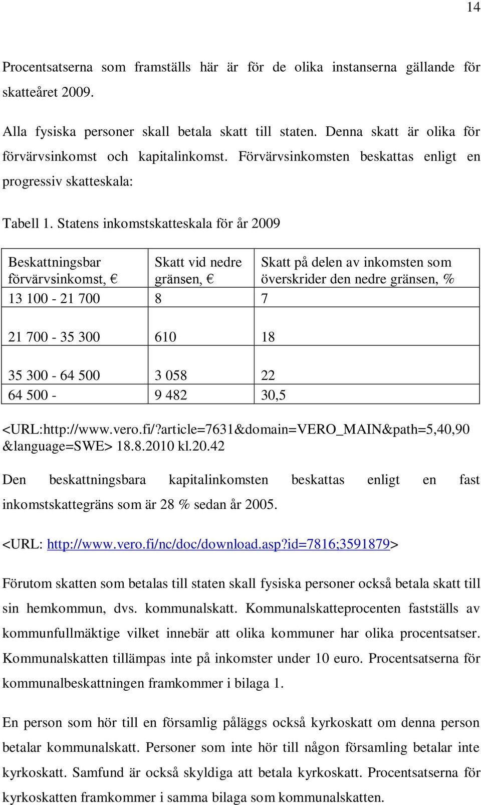 Statens inkomstskatteskala för år 2009 Beskattningsbar Skatt vid nedre Skatt på delen av inkomsten som förvärvsinkomst, gränsen, överskrider den nedre gränsen, % 13 100-21 700 8 7 21 700-35 300 610