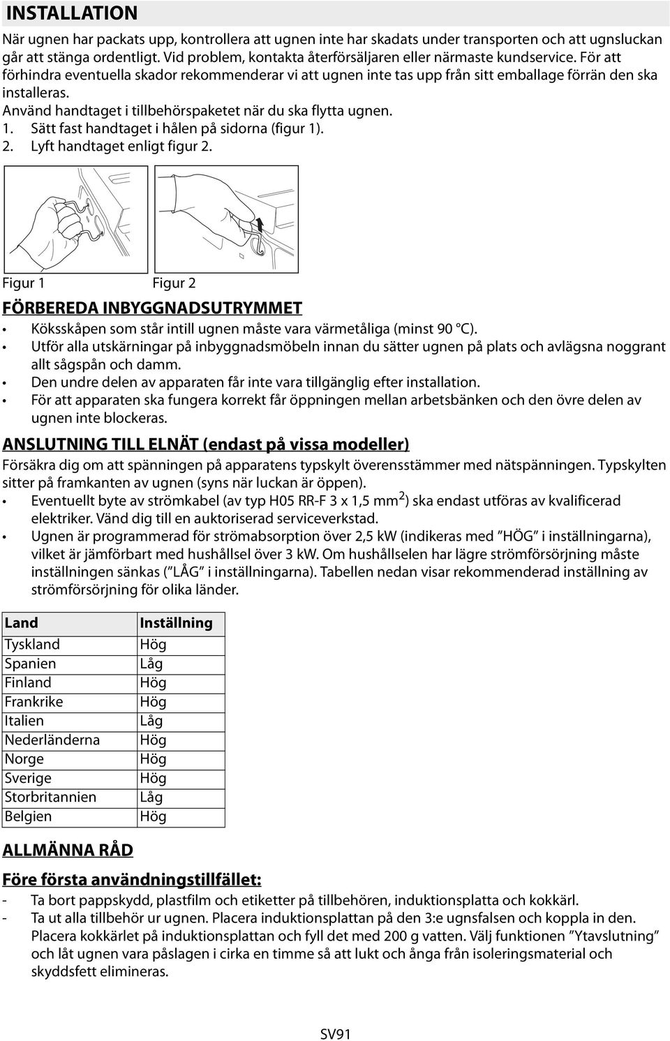 Använd handtaget i tillbehörspaketet när du ska flytta ugnen. 1. Sätt fast handtaget i hålen på sidorna (figur 1). 2. Lyft handtaget enligt figur 2.