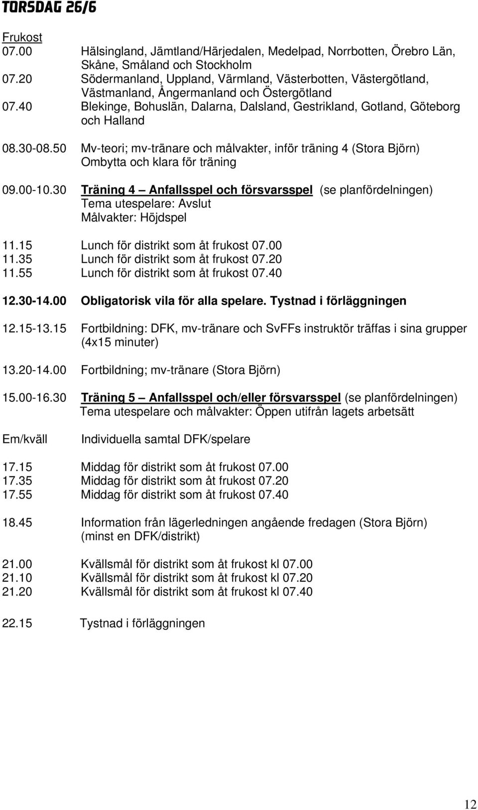 30-08.50 Mv-teori; mv-tränare och målvakter, inför träning 4 (Stora Björn) Ombytta och klara för träning 09.00-10.