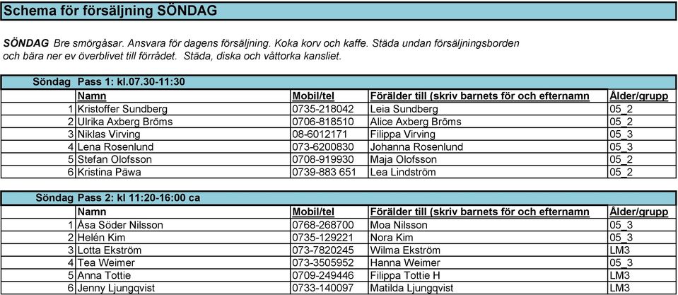 30-11:30 1 Kristoffer Sundberg 0735-218042 Leia Sundberg 05_2 2 Ulrika Axberg Bröms 0706-818510 Alice Axberg Bröms 05_2 3 Niklas Virving 08-6012171 Filippa Virving 05_3 4 Lena Rosenlund 073-6200830