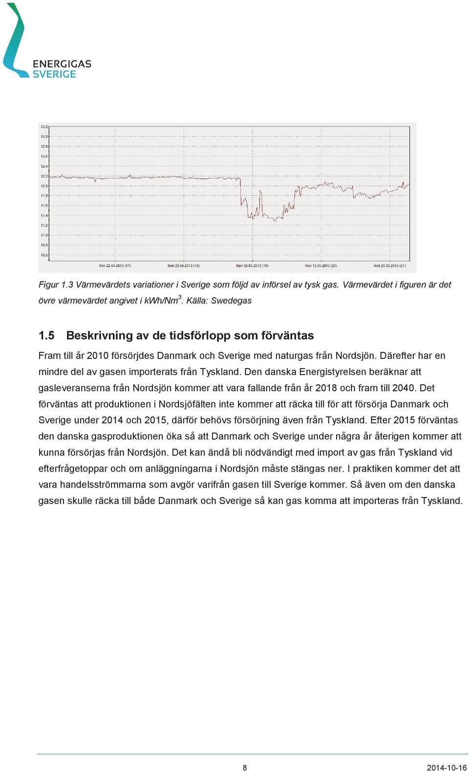 Den danska Energistyrelsen beräknar att gasleveranserna från Nordsjön kommer att vara fallande från år 2018 och fram till 2040.