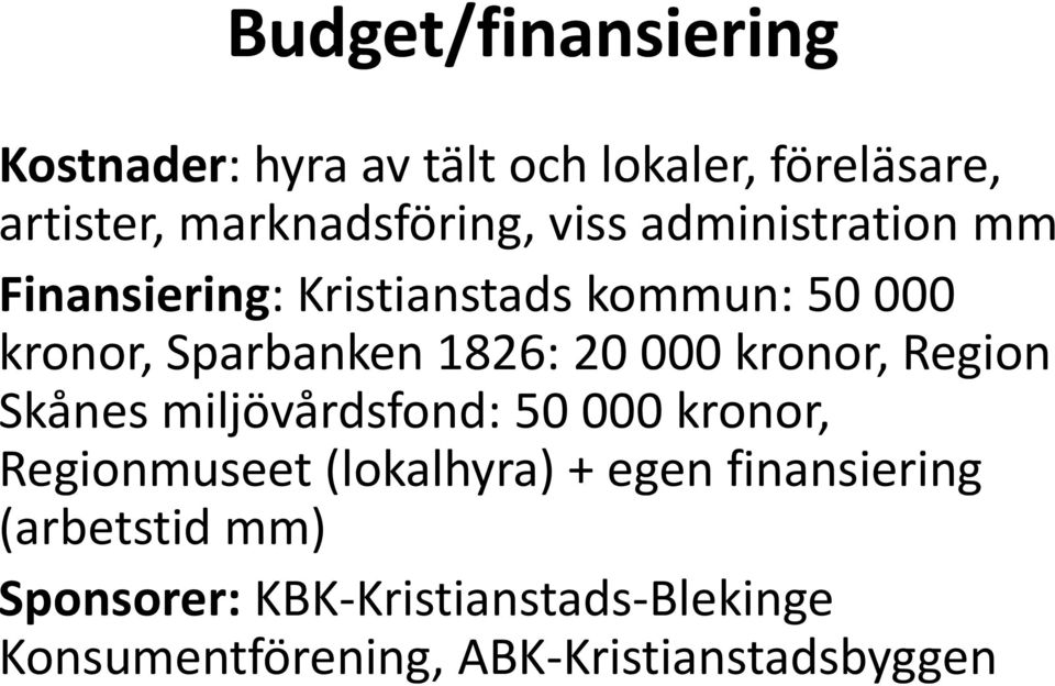 000 kronor, Region Skånes miljövårdsfond: 50 000 kronor, Regionmuseet (lokalhyra) + egen