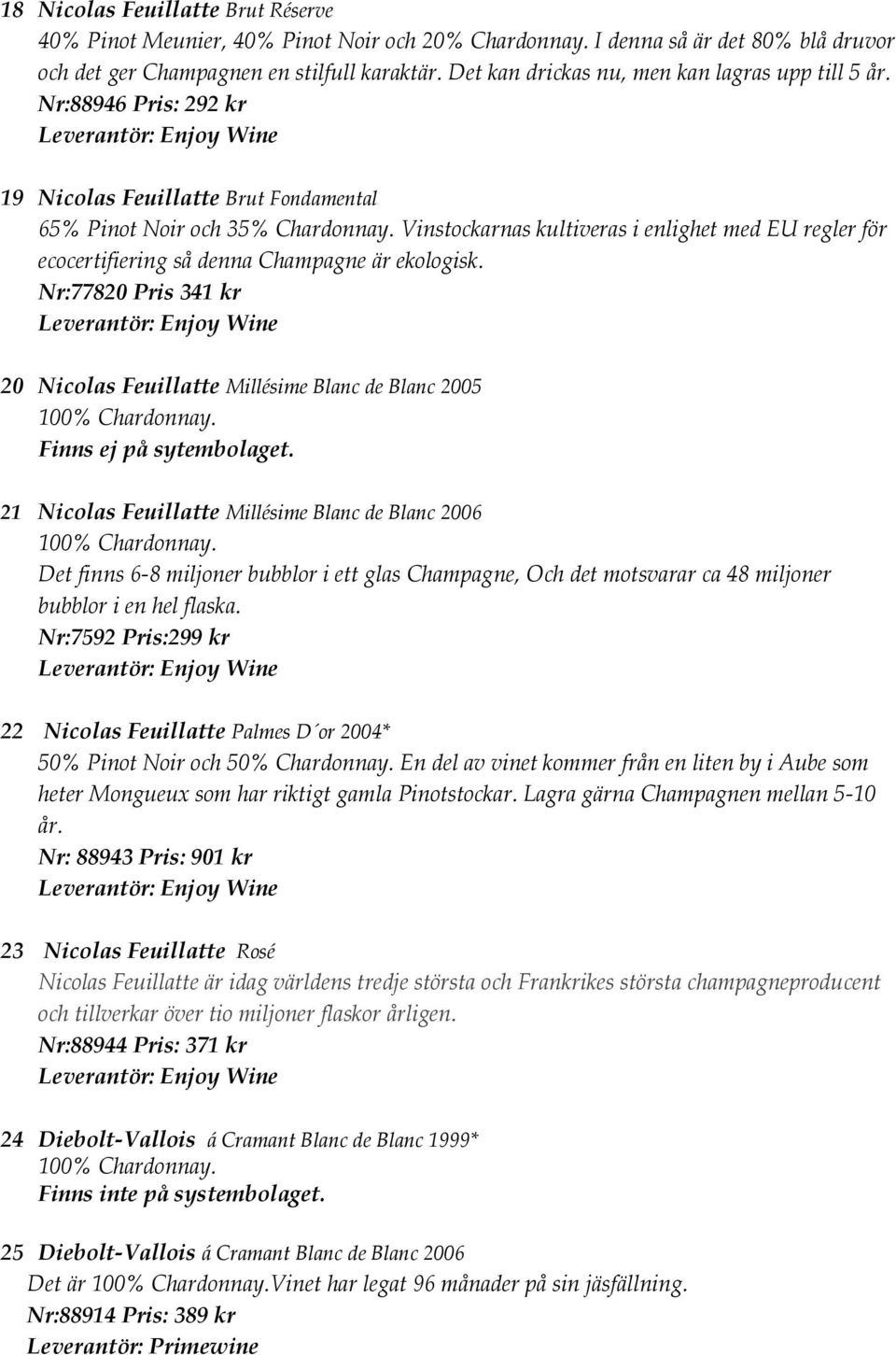 Vinstockarnas kultiveras i enlighet med EU regler för ecocertifiering så denna Champagne är ekologisk. Nr:77820 Pris 341 kr 20 Nicolas Feuillatte Millésime Blanc de Blanc 2005 100% Chardonnay.