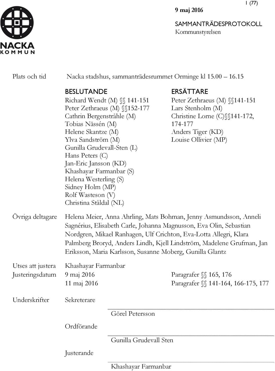 Jan-Eric Jansson (KD) Khashayar Farmanbar (S) Helena Westerling (S) Sidney Holm (MP) Rolf Wasteson (V) Christina Ståldal (NL) ERSÄTTARE Peter Zethraeus (M) 141-151 Lars Stenholm (M) Christine Lorne