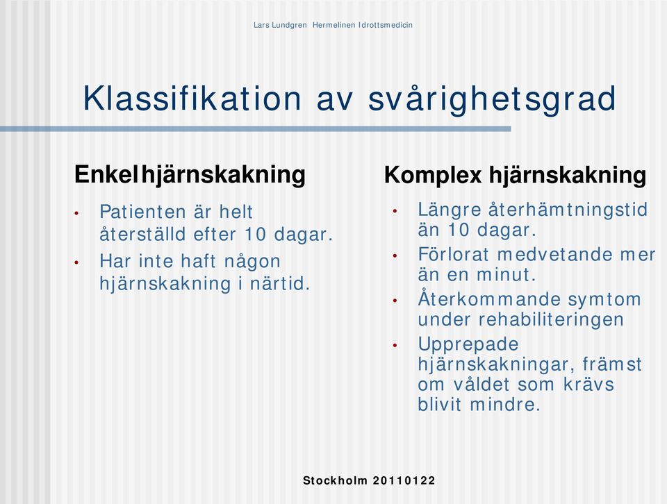 Komplex hjärnskakning Längre återhämtningstid än 10 dagar.