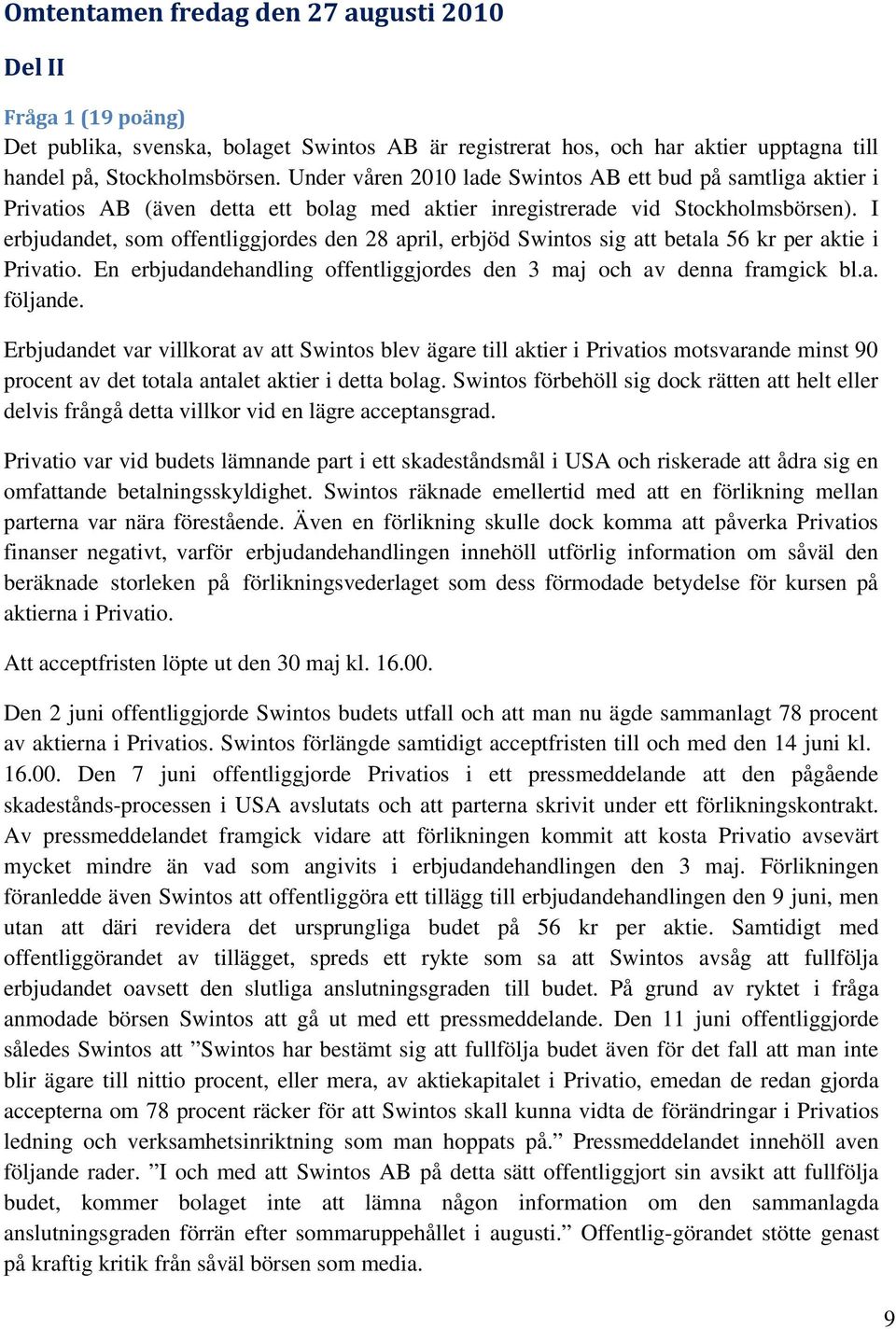 I erbjudandet, som offentliggjordes den 28 april, erbjöd Swintos sig att betala 56 kr per aktie i Privatio. En erbjudandehandling offentliggjordes den 3 maj och av denna framgick bl.a. följande.