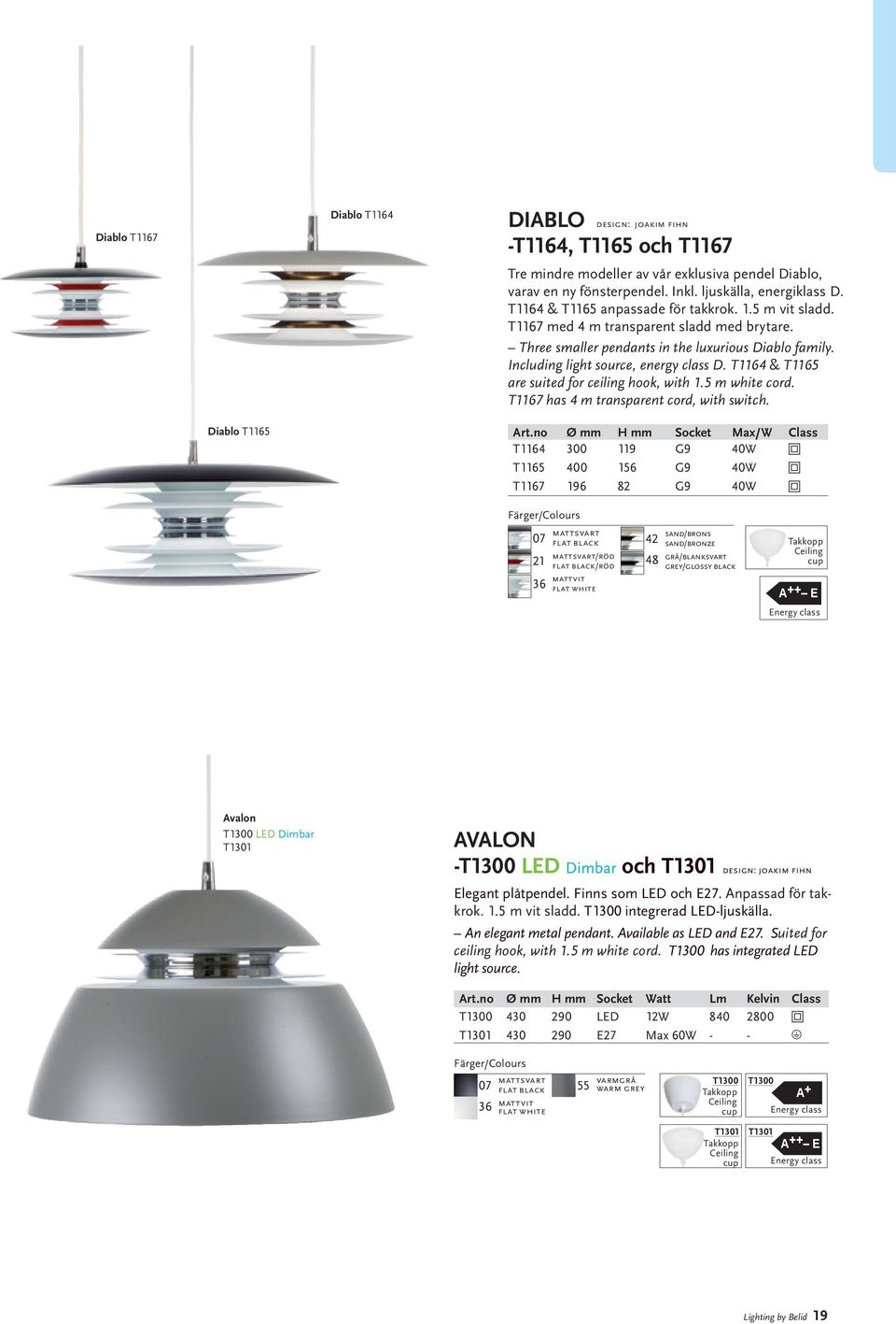 T1164 & T1165 are suited for ceiling hook, with 1.5 m white cord. T1167 has 4 m transparent cord, with switch. Diablo T1165 Art.