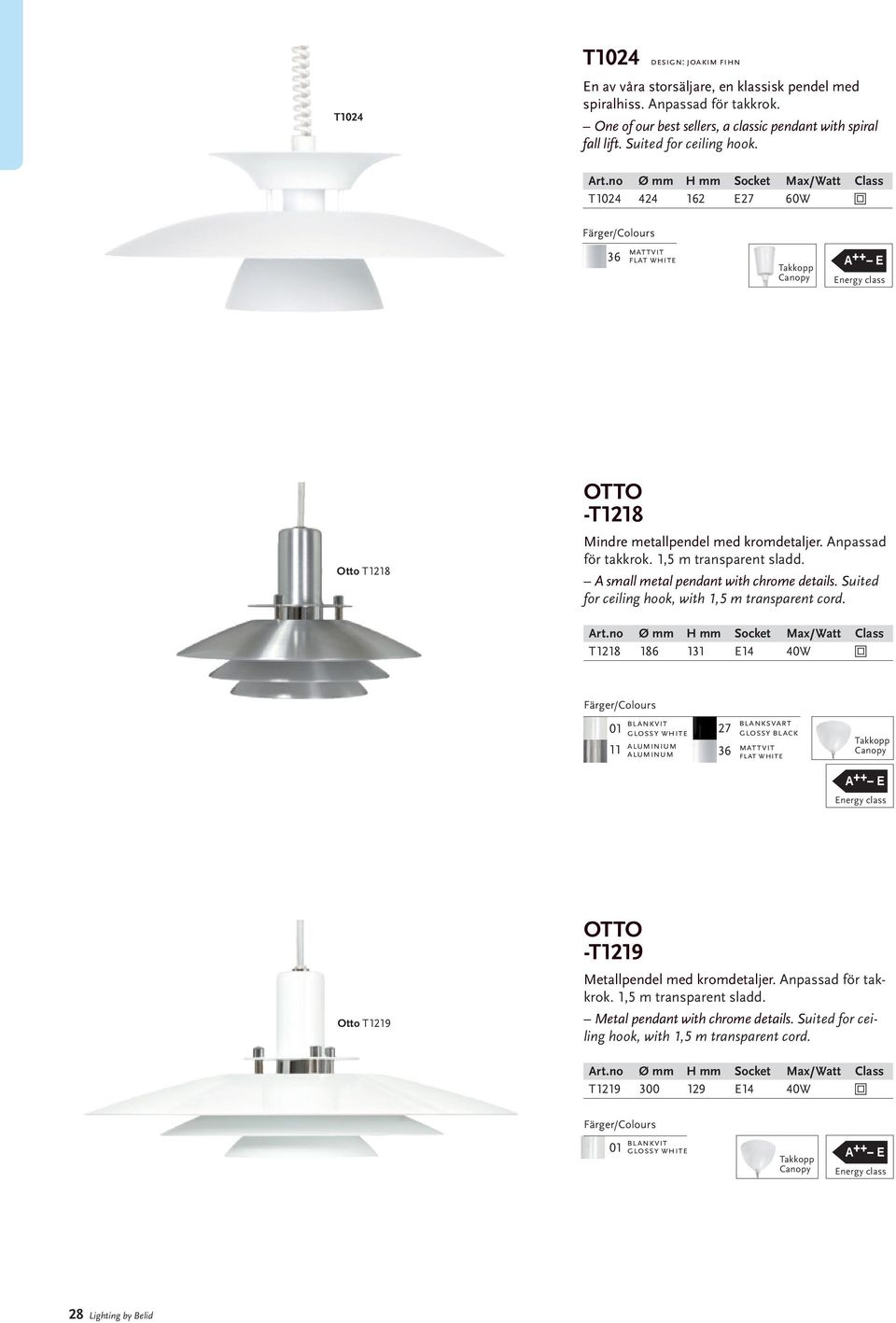 1,5 m transparent sladd. A small metal pendant with chrome details. Suited for ceiling hook, with 1,5 m transparent cord. Art.