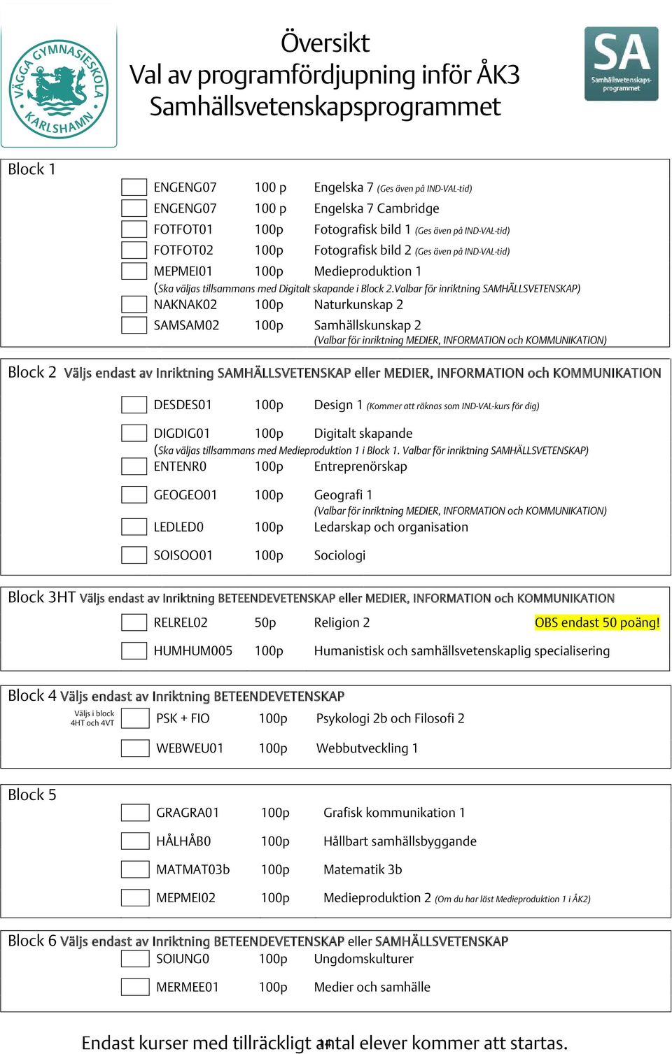 Valbar för inriktning SAMHÄLLSVETENSKAP) NAKNAK02 100p Naturkunskap 2 SAMSAM02 100p Samhällskunskap 2 (Valbar för inriktning MEDIER, INFORMATION och KOMMUNIKATION) Block 2 Väljs endast av Inriktning