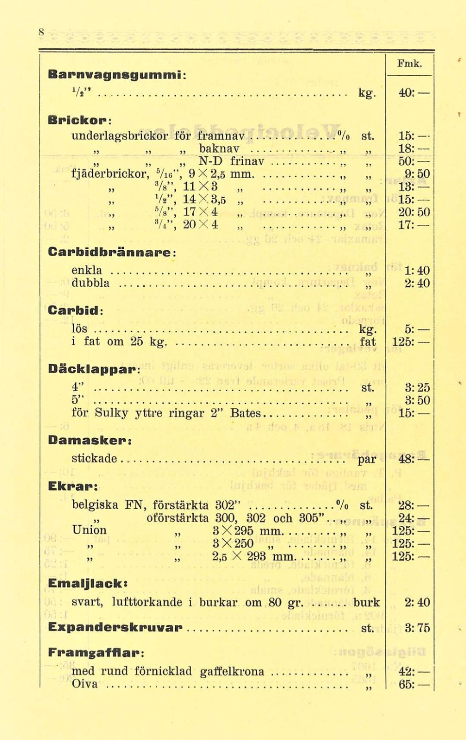 50: 9:50 13:- 15:- 20:50 17:- Carbidbrännare: enkla dubbla 1:40 2:40 Carbid: lös kg. 5: i fat om 25 kg fat 125: Däcklappar: 4 st.