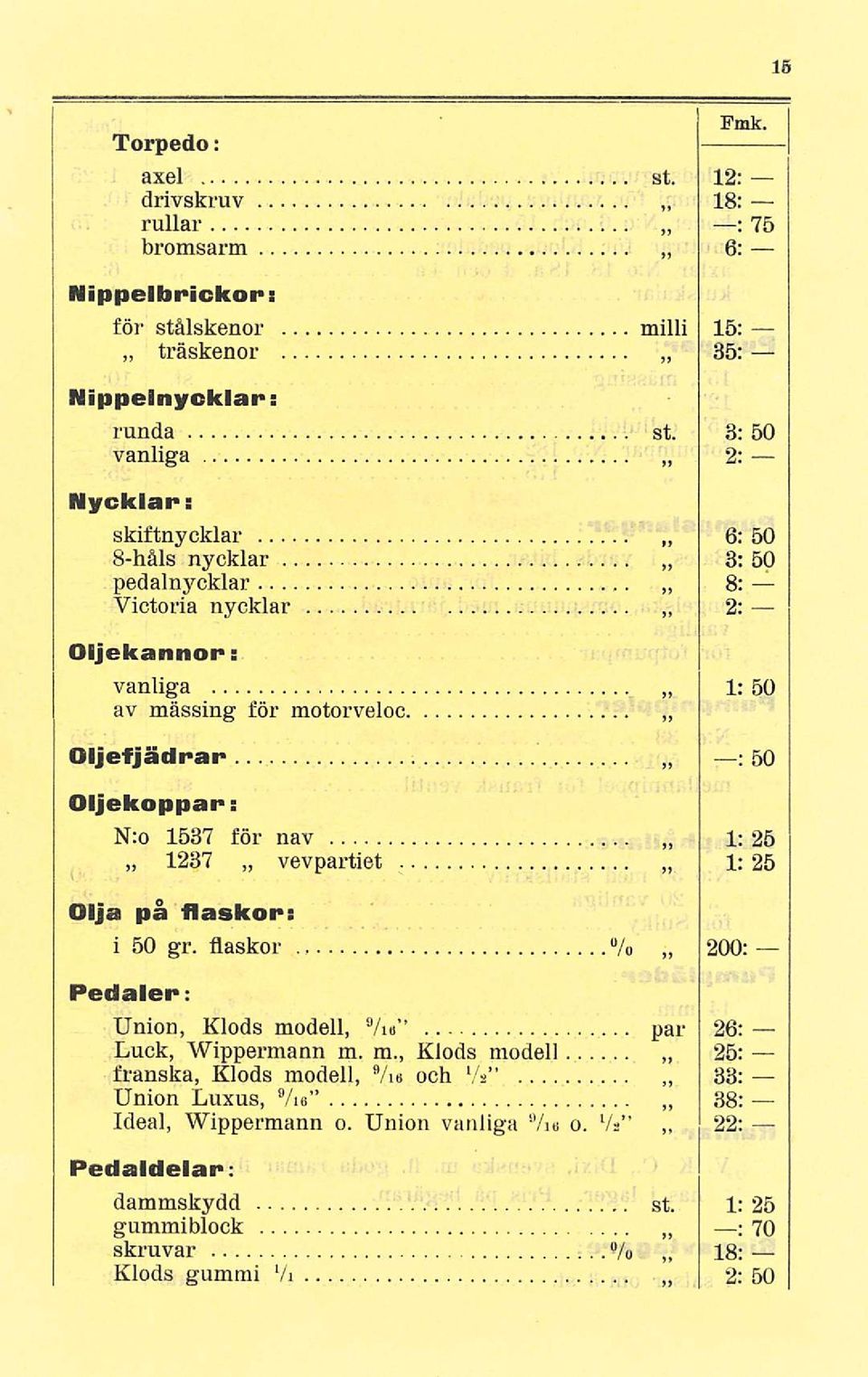 Oljekoppar: N:o 1537 för nav 1237 vevpartiet 1: 1: 25 25 Olja på flaskor: i5o gr. flaskor /o 200; Pedaler: Union, Klods mo