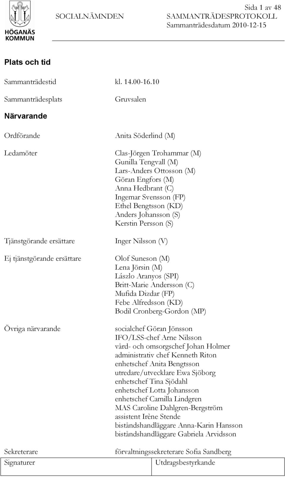 (M) Gunilla Tengvall (M) Lars-Anders Ottosson (M) Göran Engfors (M) Anna Hedbrant (C) Ingemar Svensson (FP) Ethel Bengtsson (KD) Anders Johansson (S) Kerstin Persson (S) Inger Nilsson (V) Olof