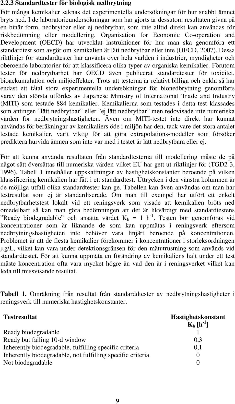 Organisation for Economic Co-operation and Development (OECD) har utvecklat instruktioner för hur man ska genomföra ett standardtest som avgör om kemikalien är lätt nedbrytbar eller inte (OECD, 2007).