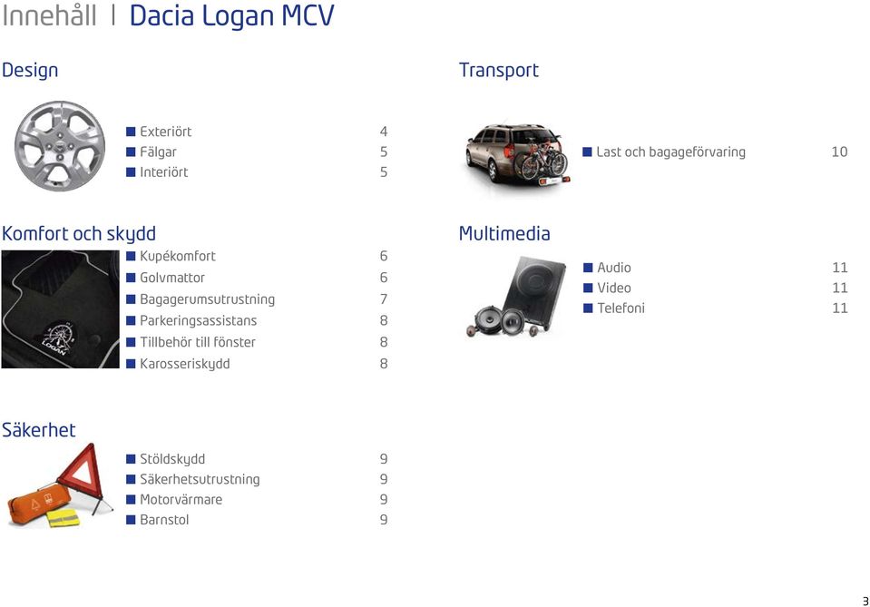 Parkeringsassistans 8 Tillbehör till fönster 8 Karosseriskydd 8 Multimedia Audio 11