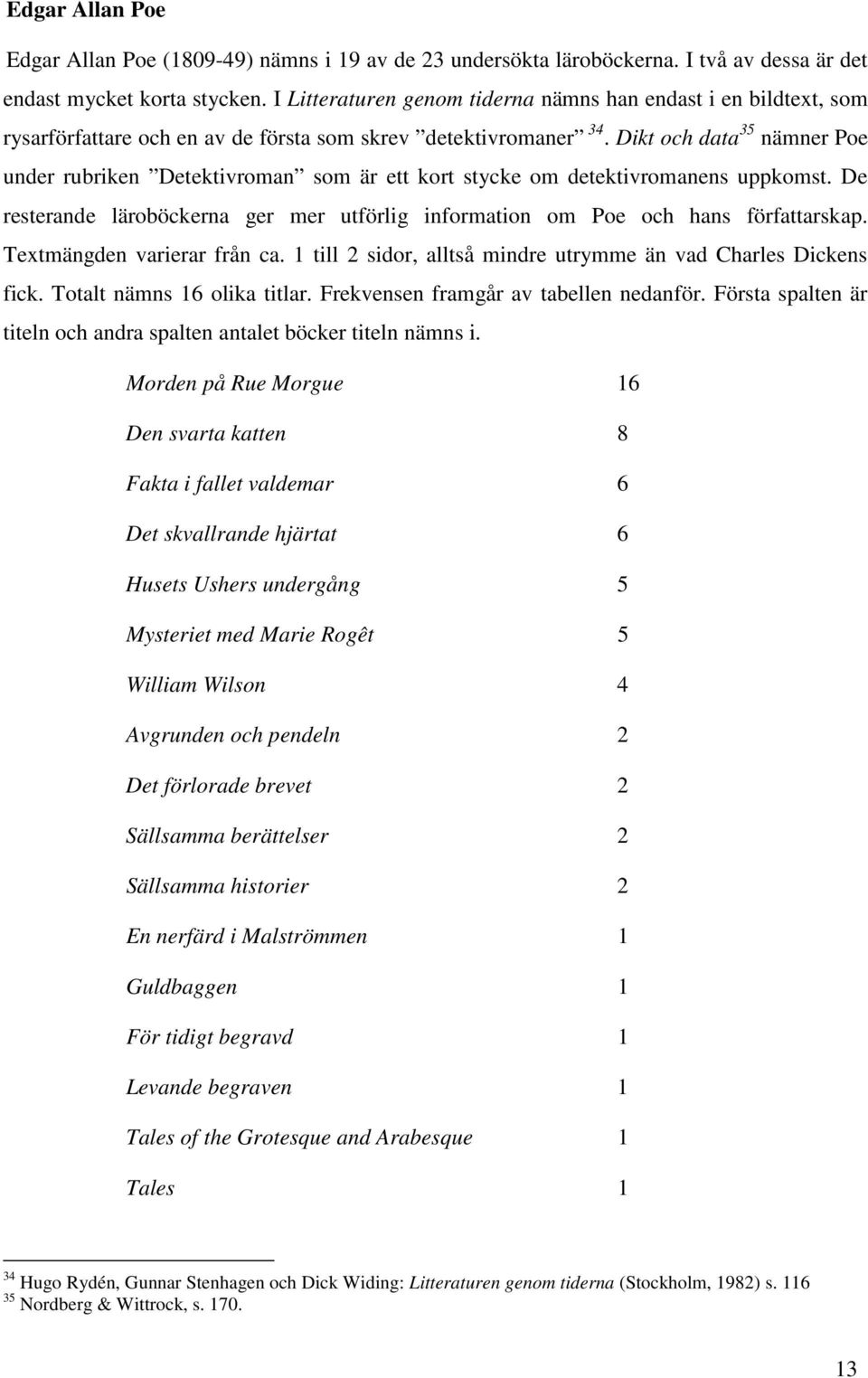 Dikt och data 35 nämner Poe under rubriken Detektivroman som är ett kort stycke om detektivromanens uppkomst. De resterande läroböckerna ger mer utförlig information om Poe och hans författarskap.