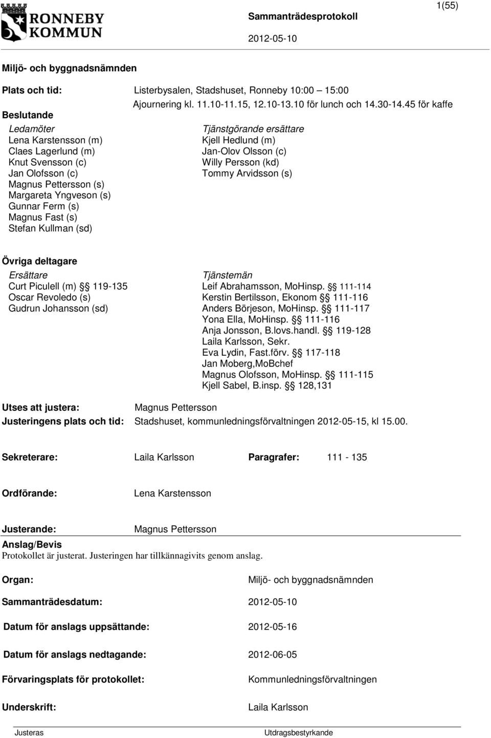 Arvidsson (s) Magnus Pettersson (s) Margareta Yngveson (s) Gunnar Ferm (s) Magnus Fast (s) Stefan Kullman (sd) Övriga deltagare Ersättare Tjänstemän Curt Piculell (m) 119-135 Leif Abrahamsson,