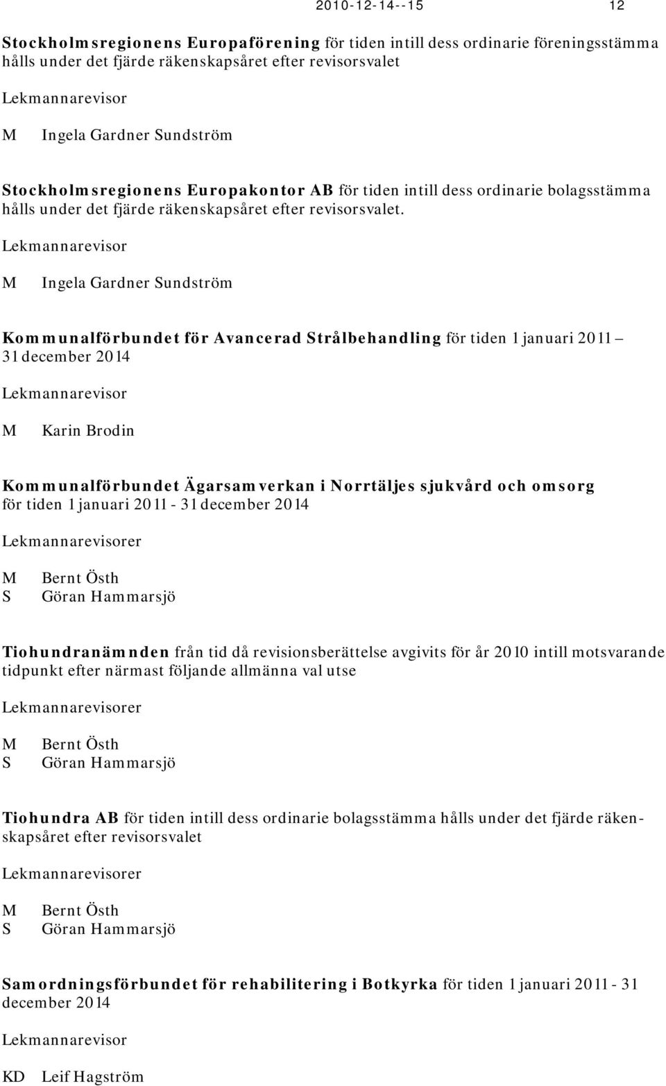 Lekmannarevisor Ingela Gardner Sundström Kommunalförbundet för Avancerad Strålbehandling för tiden 1 januari 2011 31 december 2014 Lekmannarevisor Karin Brodin Kommunalförbundet Ägarsamverkan i