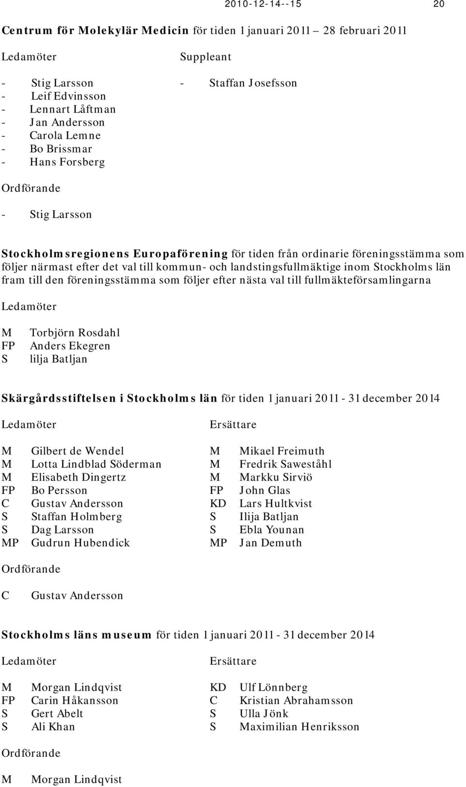 landstingsfullmäktige inom Stockholms län fram till den föreningsstämma som följer efter nästa val till fullmäkteförsamlingarna FP S Torbjörn Rosdahl Anders Ekegren lilja Batljan Skärgårdsstiftelsen