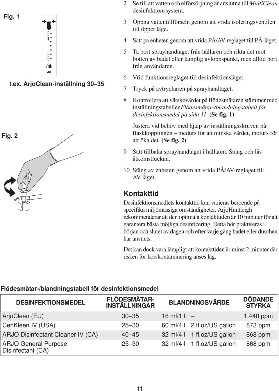 ArjoClean-inställning 30 35 6 Vrid funktionsreglaget till desinfektionsläget. 7 Tryck på avtryckaren på sprayhandtaget.