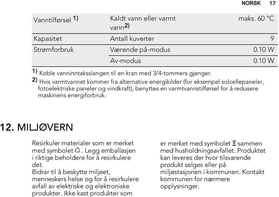 2) Hvis varmtvannet kommer fra alternative energikilder (for eksempel solcellepaneler, fotoelektriske paneler og vindkraft), benyttes en varmtvannstilførsel for å redusere maskinens energiforbruk. 12.