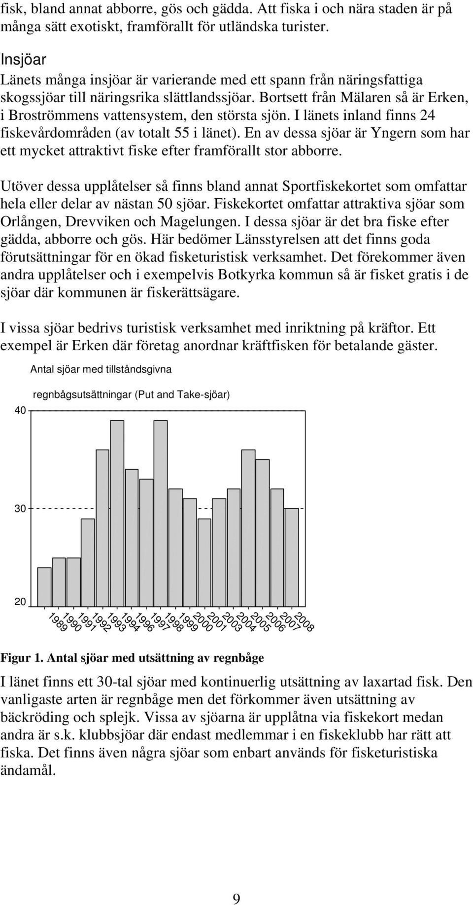 Bortsett från Mälaren så är Erken, i Broströmmens vattensystem, den största sjön. I länets inland finns 24 fiskevårdområden (av totalt 55 i länet).