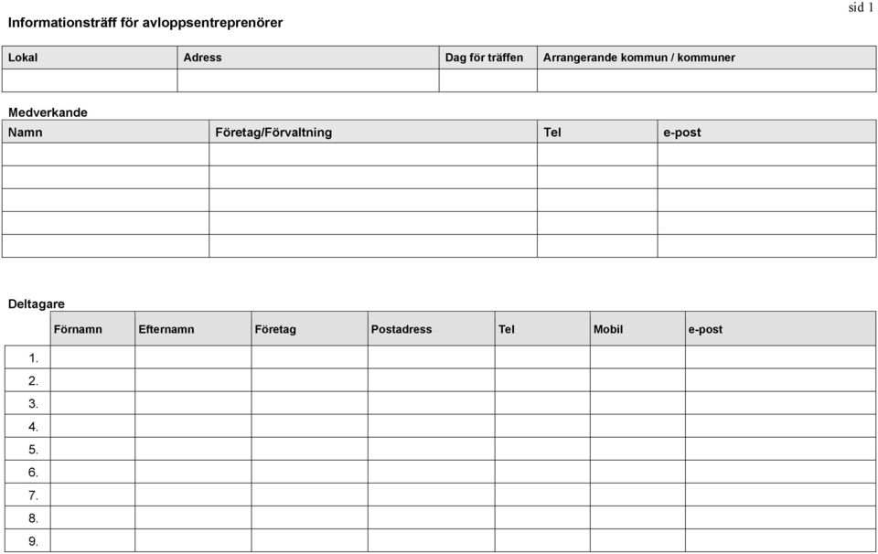 Namn Företag/Förvaltning Tel e-post Deltagare Förnamn