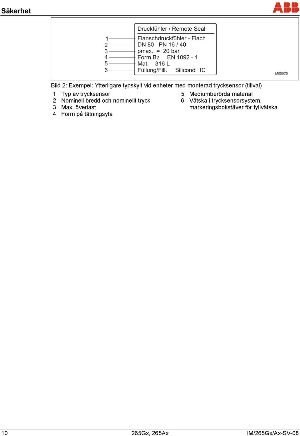 Siliconöl IC M00075 Bild 2: Exempel: Ytterligare typskylt vid enheter med monterad trycksensor (tillval) 1 Typ av