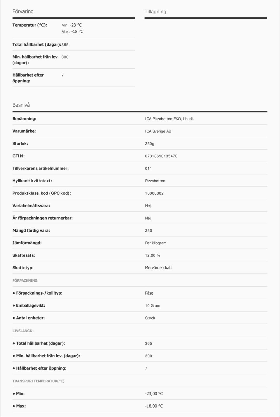 Pizzabotten Produktklass, kod (GPC kod): 10000302 Variabelmåttsvara: Är förpackningen returnerbar: Mängd färdig vara: 250 Jämförmängd: Per kilogram Skattesats: 12,00 % Skattetyp: