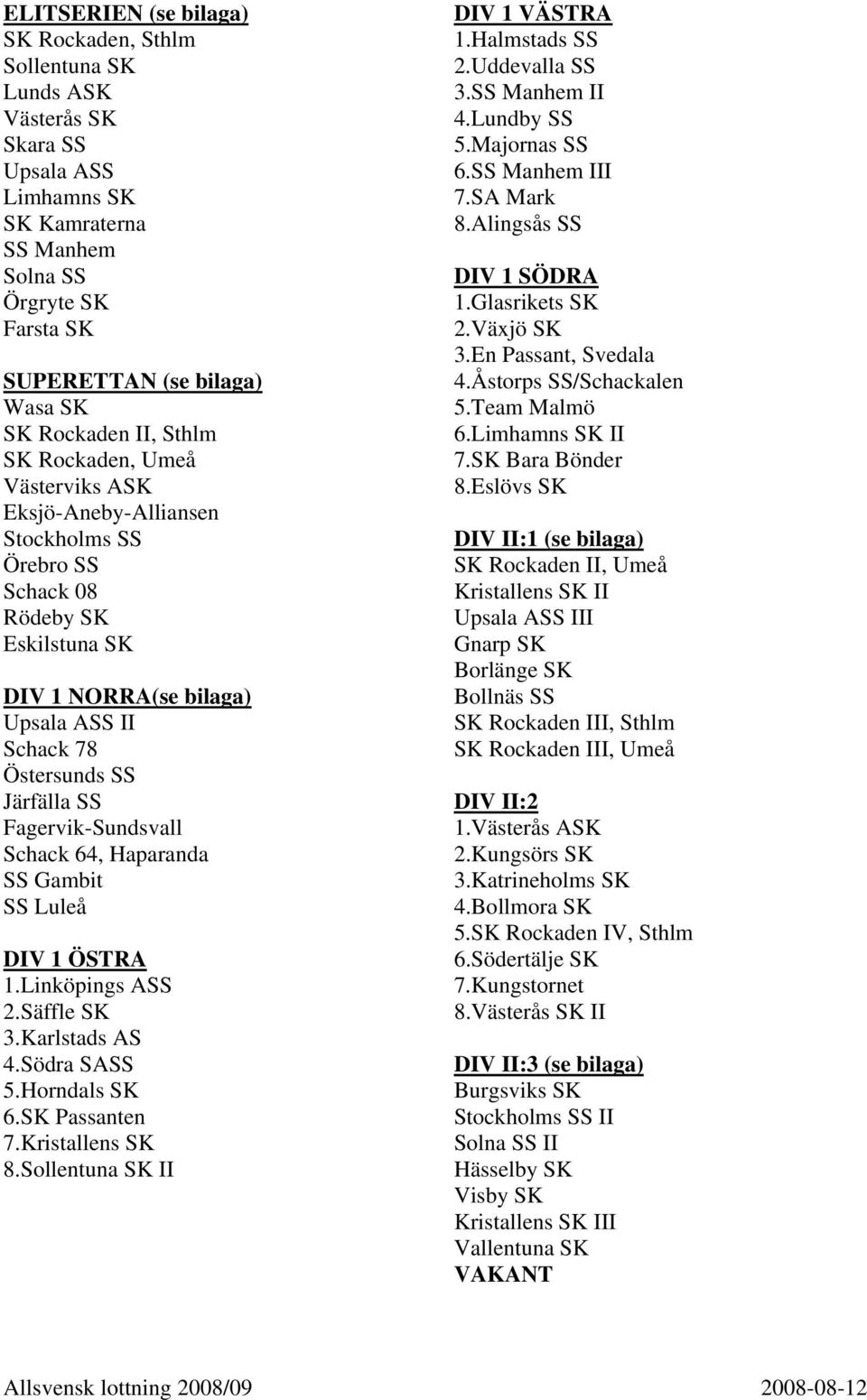 Kristallens SK.Sollentuna SK II DIV 1 VÄSTRA 1.Halmstads SS 2.Uddevalla SS 3.SS Manhem II 4.Lundby SS 5.Majornas SS 6.SS Manhem III 7.SA Mark.Alingsås SS DIV 1 SÖDRA 1.Glasrikets SK 2.Växjö SK 3.