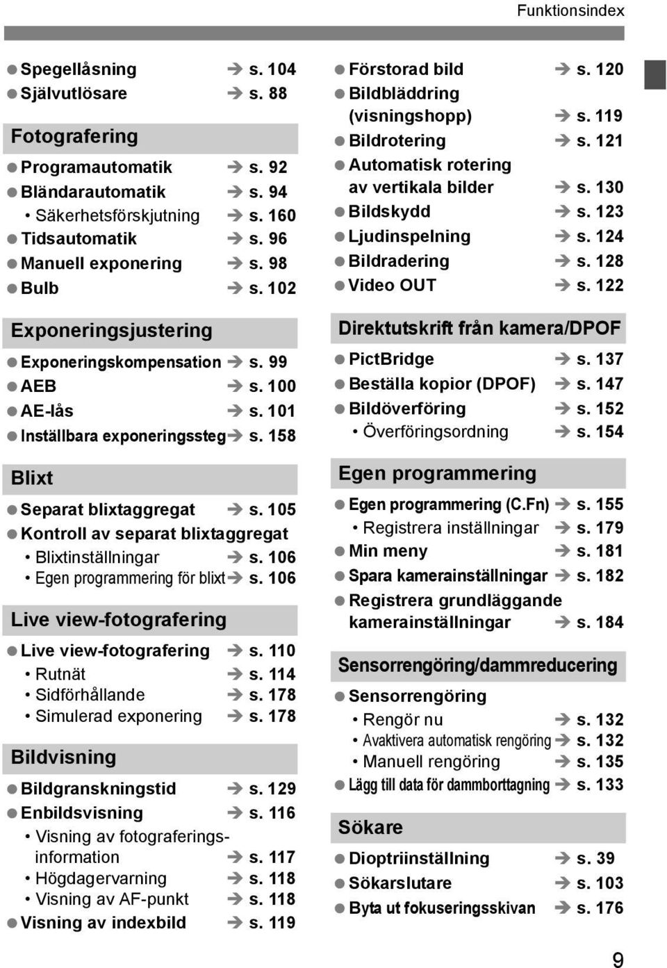 105 Kontroll av separat blixtaggregat Blixtinställningar s. 106 Egen programmering för blixt s. 106 Live view-fotografering Live view-fotografering s. 110 Rutnät s. 114 Sidförhållande s.