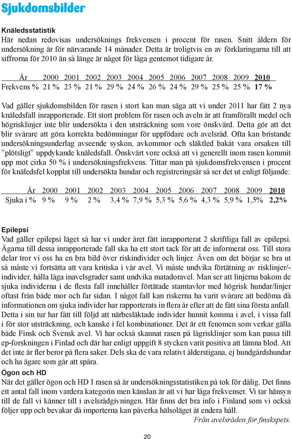 År 2000 2001 2002 2003 2004 2005 2006 2007 2008 2009 2010 Frekvens % 21 % 23 % 21 % 29 % 24 % 26 % 24 % 29 % 25 % 25 % 17 % Vad gäller sjukdomsbilden för rasen i stort kan man säga att vi under 2011