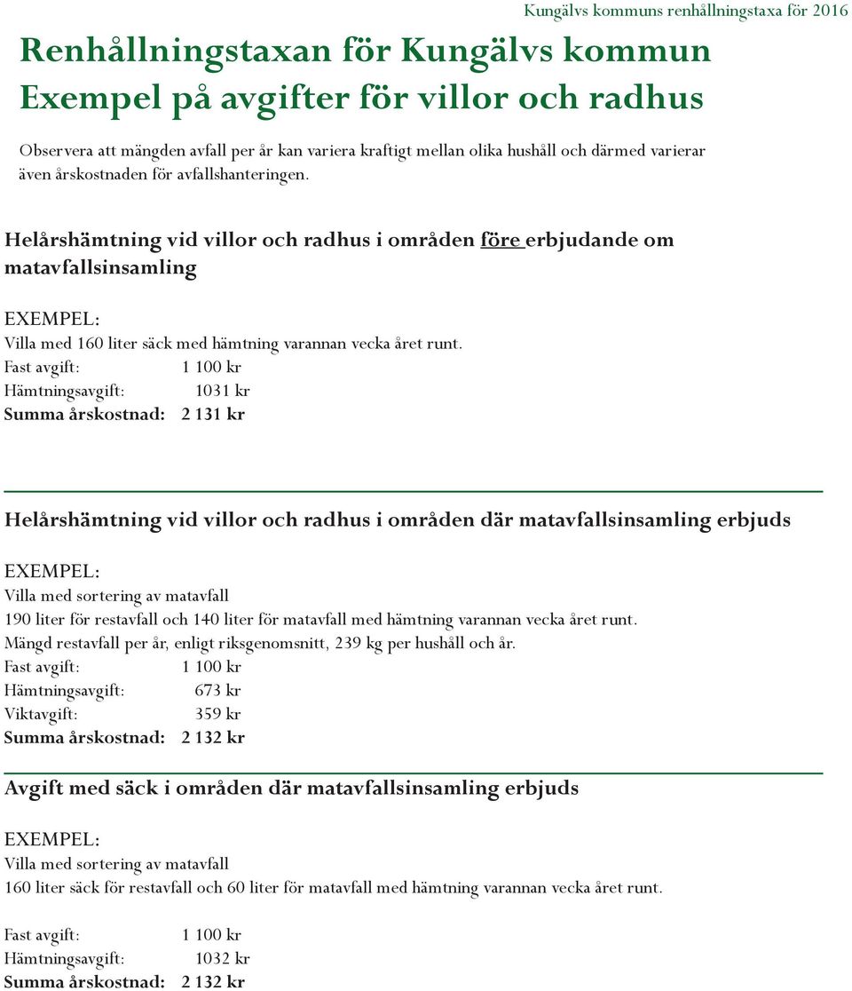 Fast avgift: 1 100 kr Hämtningsavgift: 1031 kr Summa årskostnad: 2 131 kr Helårshämtning vid villor och radhus i områden där matavfallsinsamling erbjuds EXEMPEL: Villa med sortering av matavfall 190