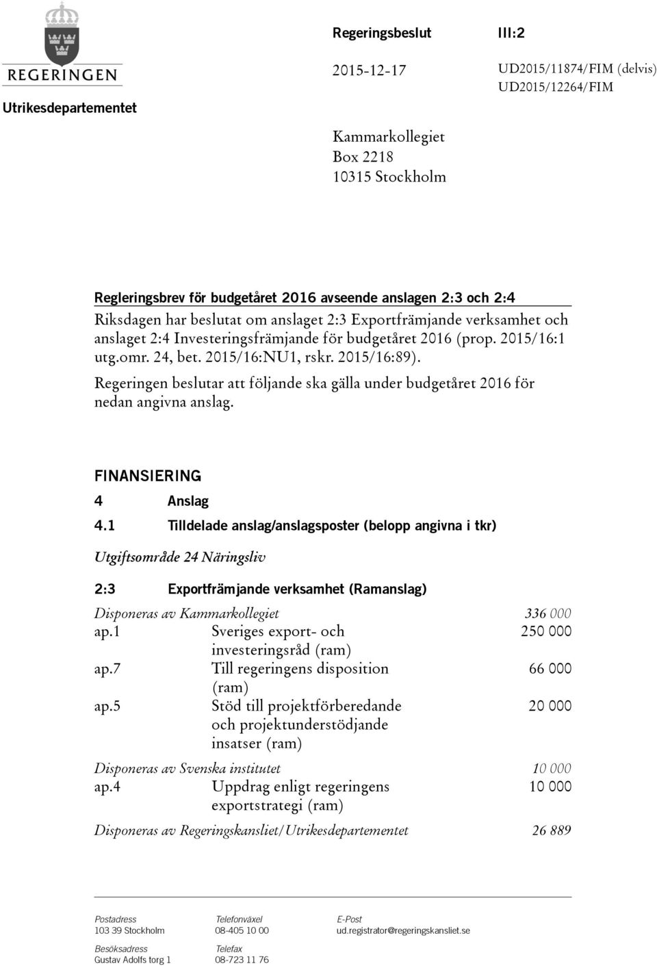 Regeringen beslutar att följande ska gälla under budgetåret 2016 för nedan angivna anslag. FINANSIERING 4 Anslag 4.