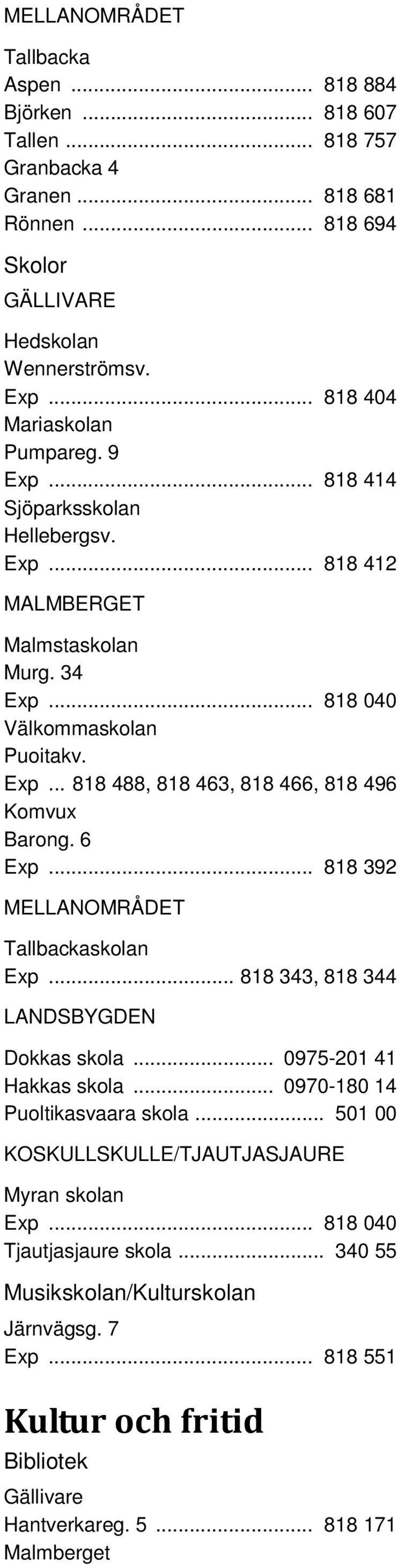 6 Exp... 818 392 MELLANOMRÅDET Tallbackaskolan Exp... 818 343, 818 344 LANDSBYGDEN Dokkas skola... 0975-201 41 Hakkas skola... 0970-180 14 Puoltikasvaara skola.