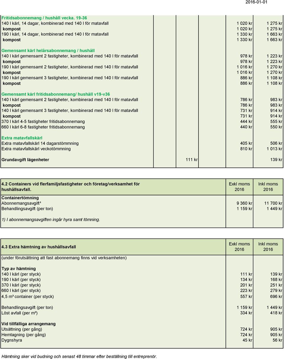 1 663 kr Gemensamt kärl helårsabonnemang / hushåll 140 l kärl gemensamt 2 fastigheter, kombinerad med 140 l för matavfall 978 kr 1 223 kr kompost 978 kr 1 223 kr 190 l kärl gemensamt 2 fastigheter,