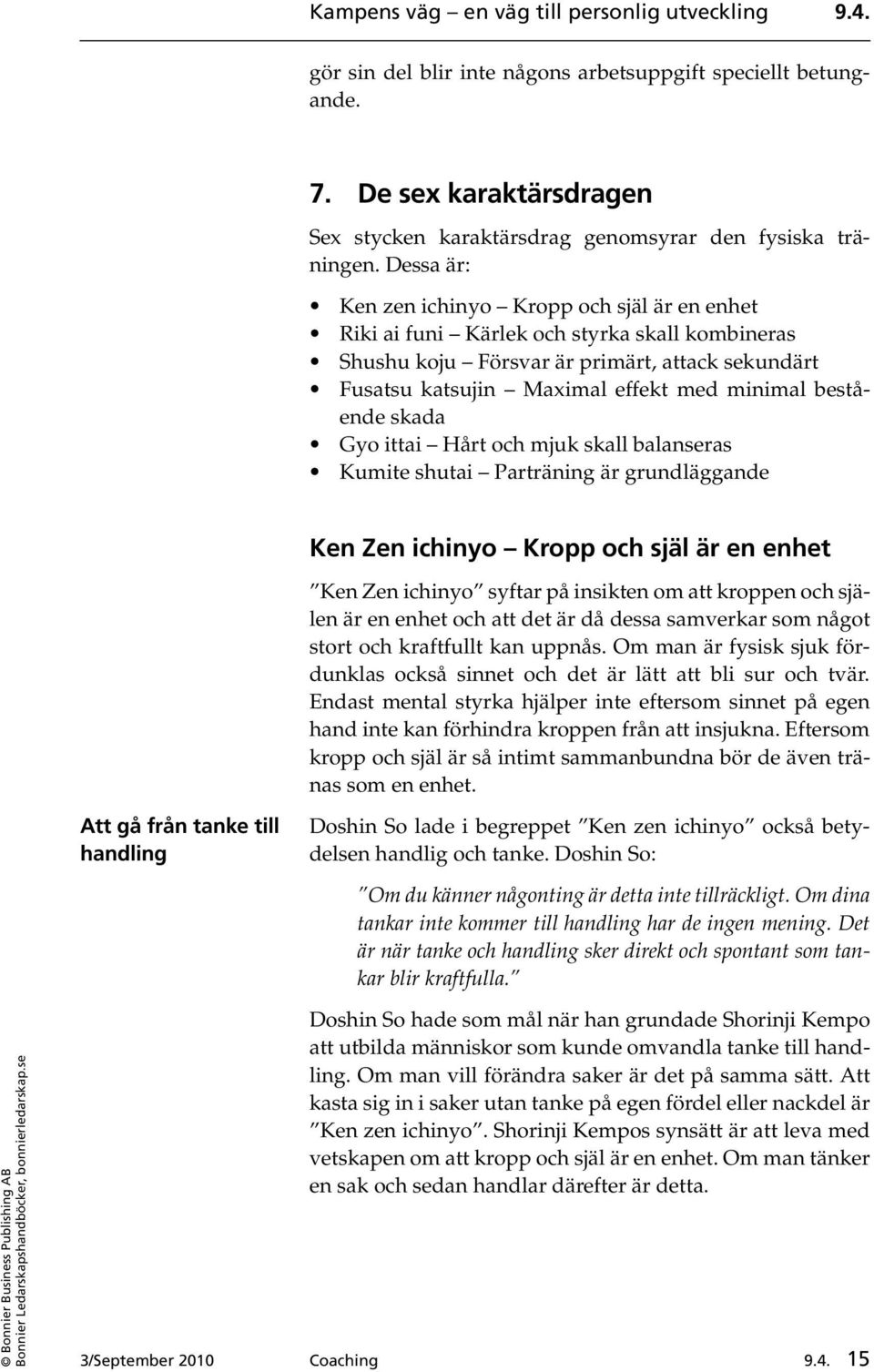 bestående skada Gyo ittai Hårt och mjuk skall balanseras Kumite shutai Parträning är grundläggande Ken Zen ichinyo Kropp och själ är en enhet Ken Zen ichinyo syftar på insikten om att kroppen och